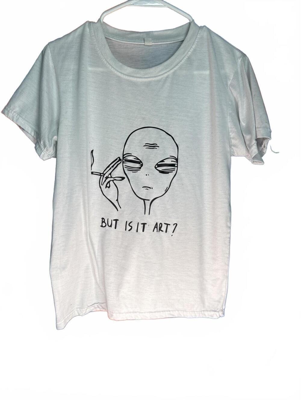 White Graphic T-Shirt with Alien Smoking Design and 'But Is